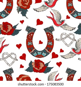 Seamless pattern with horseshoe with floral ornament