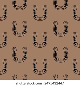 Seamless pattern with horseshoe on brown background. Hand drawn illustration.