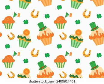 Seamless pattern with horseshoe, shamrock and cupcakes for St. Patrick's Day on a white background. Vector illustration.