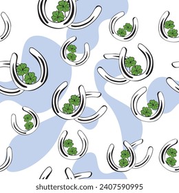 Seamless pattern horseshoes and two four-leaf clover for good luck. lucky clover and horseshoe St.Patrick's Day. horseshoe clover Irish lucky green. vintage vector
