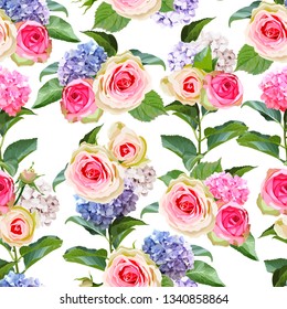 Seamless pattern with hortensia  flowers and roses. Murticolor floral texture. Realistic filigree fresh spring background.Vector illustration.