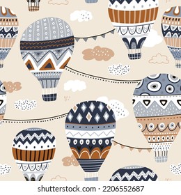 Seamless  pattern with hot air ballons, clouds. Trendy modern texture for fabric, wallpaper, textile, apparel. Vector illustration