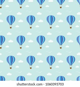 seamless pattern hot air balloon clouds birds sky on blue background vector wallpaper textile giftwrap