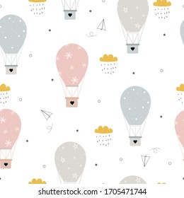 Seamless pattern hot air balloon background Floating in the sky with clouds and rain Design ideas used for textiles, patterns, children's clothing, gift wrapping, vector illustration