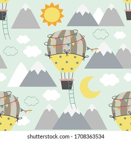 seamless pattern with Hot Air Balloon  flying over the mountains
