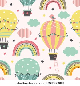 seamless pattern with Hot Air Balloon  flying in the pink sky
  - vector illustration, eps    