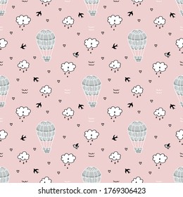 Seamless pattern with hot air balloon, clouds and birds.