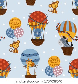 seamless pattern with hot air balloon and jungle animals - vector illustration, eps