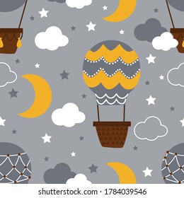 seamless pattern with hot air balloon and moon - vector illustration, eps