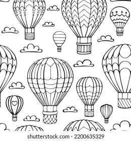 Seamless pattern hot air balloon and cloud. Hand drawn outline doodle. Vector illustration.