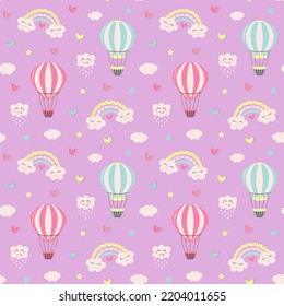 Seamless pattern with hot air balloon, kawaii rainbows, clouds, stars and hearts. Hand drawn childish pattern for wrapping, fabric, textile or paper projects.