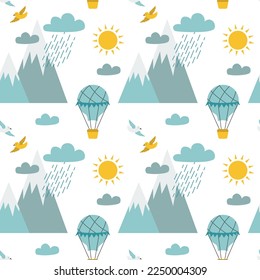 Seamless pattern with Hot Air Balloon flying in the sky on white backgroung