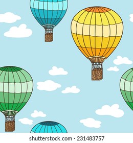 Seamless pattern with hot air balloon and clouds, vector illustration