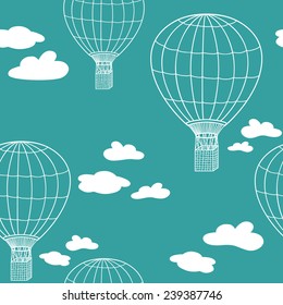 Seamless pattern with hot air balloon and clouds, vector illustration