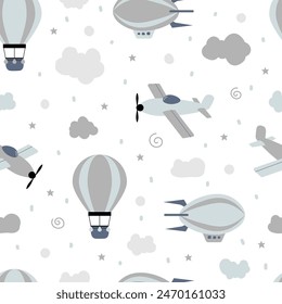 Nahtloses Muster Heißluftballon-Flugzeug. Cartoon Transport Hintergrund. Für Stoff, Textil, Bildschirmhintergrund, Verpackung, Bekleidungsdesign. Cartoon-Vektorgrafik