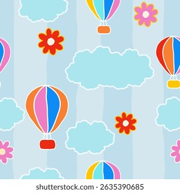 Seamless pattern, Hot air balloon sky pattern with flowers and clouds on blue