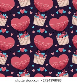 Patrón Sin Costuras Con Globo De Aire Caliente Y Cesta Llena De Corazones En Estilo Plano. Textura de la aventura del día de San Valentín para la tela, el fondo, el empaquetado, el Fondo de pantalla y el diseño superficial