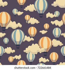 Seamless pattern with hot air balloon in the sky and clouds. Vector background in retro colors.