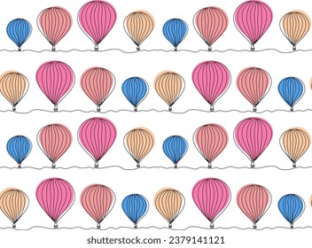 seamless pattern of hot air balloon,hand-drawn, continuous monoline, drawing in one line