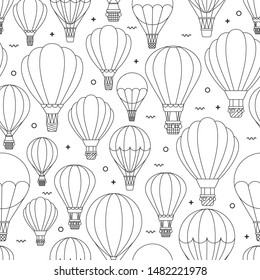 Seamless pattern with hot air balloons in outline. Cute vector baby print. Wallpaper with airships for boys and girls. Vector concept background for children poster or card.