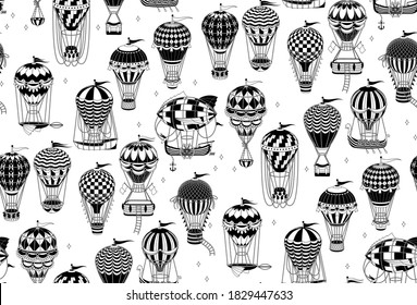 Seamless Pattern with Hot Air Balloons Isolated On White Background. Vector Illustration.