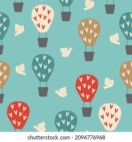 Seamless pattern from hot air balloons and white doves. Vector illustration. 