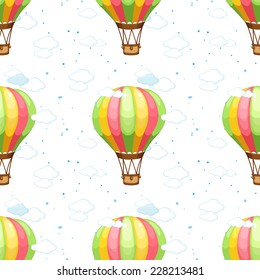 A seamless pattern with hot air balloons and clouds