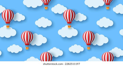 Seamless pattern with hot air balloons and clouds. Vector illustration. Cute baby boy wallpaper, childish adventure texture