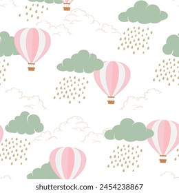 Seamless pattern with hot air balloons on rainy day,kids texture for fabric,textile,apparel,wrapping or wallpaper,vector illustration