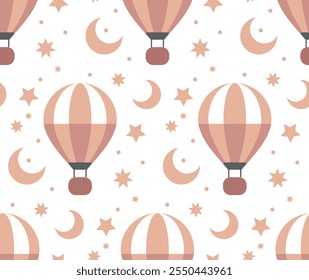 Padrão contínuo com balões de ar quente e nuvens. Balão no céu. Óculos neutros pastel. Fundo bonito do bebê. Decoração engraçada para berçário, têxteis, vestuário, embalagem, interior.
