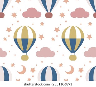 Padrão contínuo com balões de ar quente e nuvens. Balão no céu. Óculos neutros pastel. Fundo bonito do bebê. Decoração engraçada para berçário, têxteis, vestuário, embalagem, interior.
