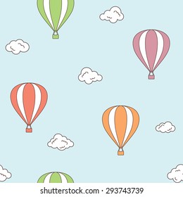 Seamless pattern with hot air balloons and clouds