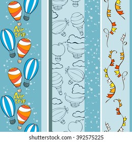 seamless pattern with hot air balloons, flags and clouds, vector illustration