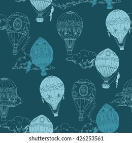 Seamless Pattern with Hot Air Balloons and Clouds. Hand drawn sketches vector illustration