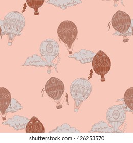 Seamless Pattern with Hot Air Balloons and Clouds. Hand drawn sketches vector illustration