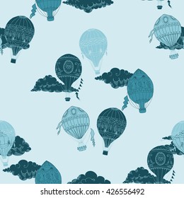 Seamless Pattern with Hot Air Balloons and Clouds. Hand drawn sketches vector illustration