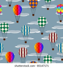 Seamless pattern with hot air balloons and clouds