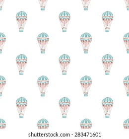 Seamless pattern with hot air-balloons. Hand-drawn background. Vector illustration. Real watercolor drawing.