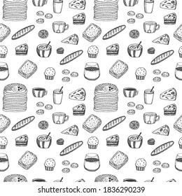 Seamless pattern hot Breakfast, vector illustration, pancakes, drinks, pastries, desserts, sandwich, pizza, porridge and yogurt with berries, hand drawing