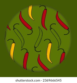 Seamless pattern of hot chili pepper on circle paper cut background. Traditional Mexican condiment