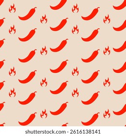 Seamless pattern with hot chili pepper and flame in flat style on beige background. Design for kitchen, cafe, textile. Outline vector illustration.