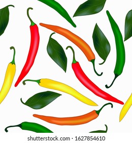 
Seamless pattern of hot chili peppers with green leaves. The product is a vegetable hot red, yellow, orange and green chili peppers. Hot chilli pepper food illustration on white background.