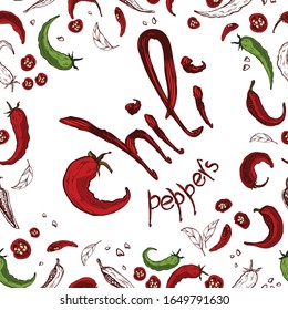 Seamless pattern Hot chili peppers. In the style of hand-drawn. A set of vegetables. Background for indian, mexican, oriental spicy food, spice shops, packaging, wrapping paper. Vector graphics.