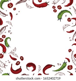 Seamless pattern Hot chili peppers. In the style of hand-drawn. A set of vegetables. Background for indian, mexican, oriental spicy food, spice shops, packaging, wrapping paper. Vector graphics.