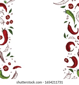 Seamless pattern Hot chili peppers. In the style of hand-drawn. A set of vegetables. Background for indian, mexican, oriental spicy food, spice shops, packaging, wrapping paper. Vector graphics.