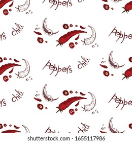 Seamless pattern Hot chili peppers. In the style of hand-drawn. A set of vegetables. Background for indian, mexican, oriental spicy food, spice shops, packaging, wrapping paper. Vector graphics.