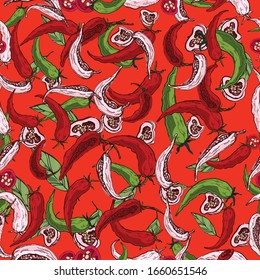 Seamless pattern Hot chili peppers. In the style of hand-drawn. A set of vegetables. Background for indian, mexican, oriental spicy food, spice shops, packaging, wrapping paper. Vector graphics.