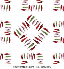 Patrón sin inconvenientes Pimientos de ají caliente. En el estilo dibujado a mano. Un conjunto de verduras. Antecedentes para comida india, mexicana, oriental picante, tiendas de especias, empaque, papel envasado. Gráficos vectoriales.
