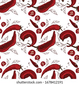 Seamless pattern Hot chili peppers. In the style of hand-drawn. A set of vegetables. Background for indian, mexican, oriental spicy food, spice shops, packaging, wrapping paper. Vector graphics.