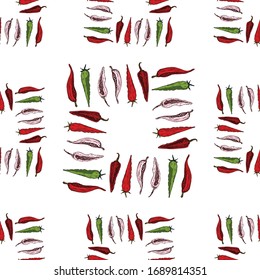 Seamless pattern Hot chili peppers. In the style of hand-drawn. A set of vegetables. Background for indian, mexican, oriental spicy food, spice shops, packaging, wrapping paper. Vector graphics.